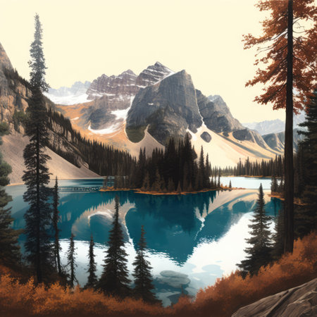 Scenery with mountains, forest and lake created using generative ai technology. Landscape and nature concept digitally generated image.の素材