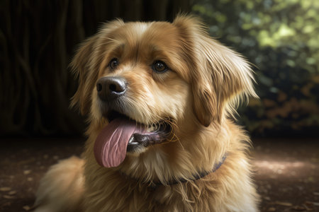 Close up of beige dog sticking tongue out in forest created using generative ai technology. Animals, dog and pet concept digitally generated image.の素材