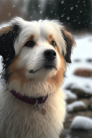 White, black and brown dog with collar created using generative ai technology. Pets, animals and nature concept digitally generated image.の素材