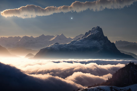 Scenery with mountains, cloud and sky created using generative ai technology. Landscape and nature concept digitally generated image.の素材