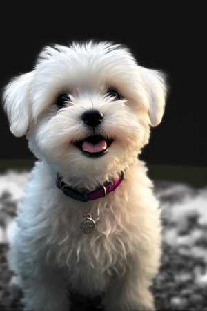 White maltease dog with collar on blurred background created using generative ai technology. Pets, animals and nature concept digitally generated image.の素材