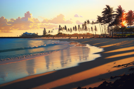 Sunset at beach and sea with palm trees and buildings created using generative ai technology. Vacation, beach, nature and landscape concept digitally generated image.の素材