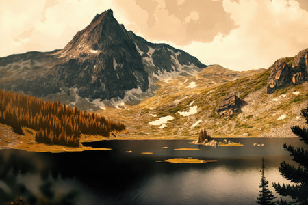 Scenery with mountains, river and sky with clouds created using generative ai technology. Landscape and nature concept digitally generated image.の素材