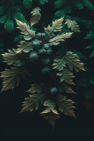 Different green plants leaves on black background created using generative ai technology. Tropical foliage, nature and background concept digitally generated image.の素材