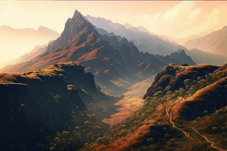 Scenery with mountains, forest and sky with clouds created using generative ai technology. Landscape and nature concept digitally generated image.の素材