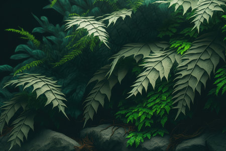 Different green plants leaves on black background created using generative ai technology. Tropical foliage, nature and background concept digitally generated image.の素材