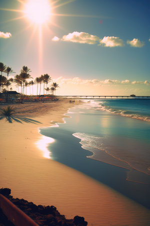 Beach and sea with palm trees, pier and sky with clouds created using generative ai technology. Vacation, beach, nature and landscape concept digitally generated image.の素材