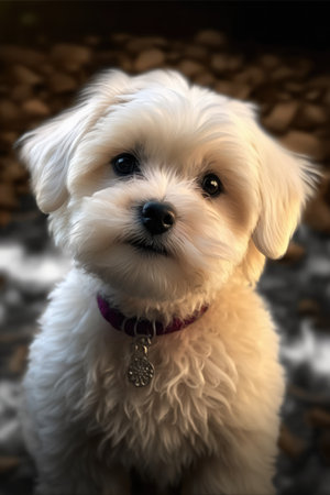 White maltease dog with collar on blurred background created using generative ai technology. Pets, animals and nature concept digitally generated image.の素材