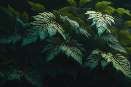 Different green plants leaves on black background created using generative ai technology. Tropical foliage, nature and background concept digitally generated image.の素材