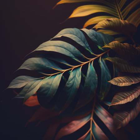 Close up of green leaves on black background created using generative ai technology. Tropical plants, leaves and nature concept digitally generated image.の素材