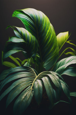 Close up of green leaves on black background created using generative ai technology. Tropical plants, leaves and nature concept digitally generated image.の素材