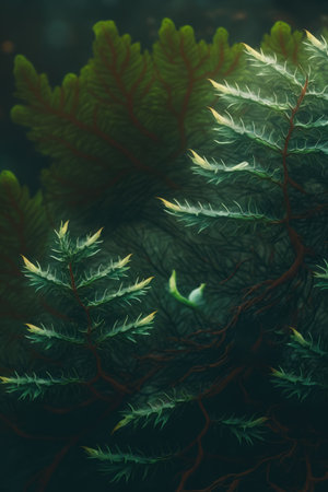 Different green plants leaves on black background created using generative ai technology. Tropical foliage, nature and background concept digitally generated image.の素材