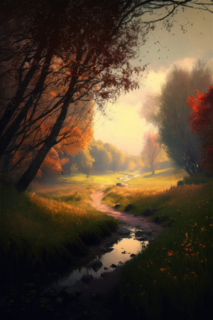 Forest scenery with trees, rocks and pathway created using generative ai technology. Autumn, landscape and nature concept digitally generated image.の素材
