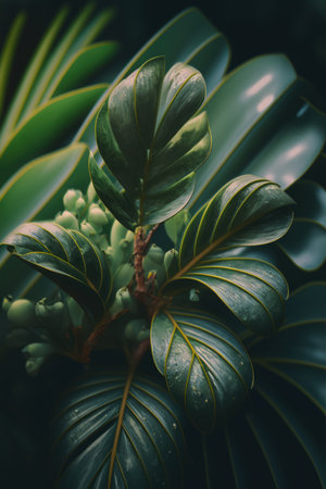 Close up of green leaves on black background created using generative ai technology. Tropical plants, leaves and nature concept digitally generated image.の素材