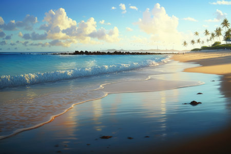 Beach and sea with palm trees and sky with clouds created using generative ai technology. Vacation, beach, nature and landscape concept digitally generated image.の素材