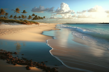 Beach and sea with palm trees, pier and sky with clouds created using generative ai technology. Vacation, beach, nature and landscape concept digitally generated image.の素材