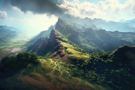 Scenery with mountains, forest and sky with clouds created using generative ai technology. Landscape and nature concept digitally generated image.の素材