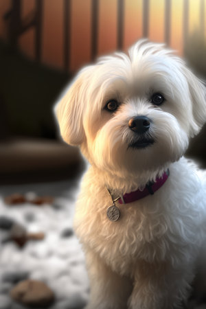 White maltease dog with collar on blurred background created using generative ai technology. Pets, animals and nature concept digitally generated image.の素材