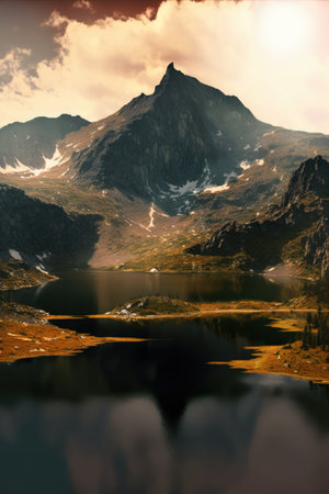 Scenery with mountains, river and sky with clouds created using generative ai technology. Landscape and nature concept digitally generated image.の素材