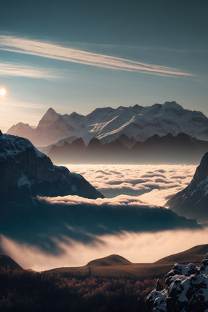 Scenery with mountains, cloud and sky created using generative ai technology. Landscape and nature concept digitally generated image.の素材
