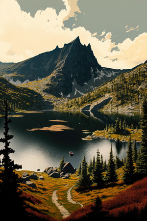 Scenery with mountains, river, boat and sky with clouds created using generative ai technology. Landscape and nature concept digitally generated image.の素材