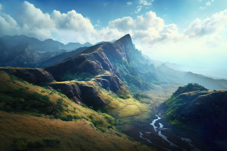 Scenery with mountains, river and sky with clouds created using generative ai technology. Landscape and nature concept digitally generated image.の素材