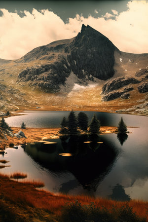 Scenery with mountains, river and sky with clouds created using generative ai technology. Landscape and nature concept digitally generated image.の素材