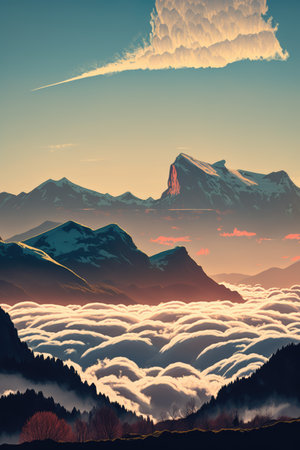 Scenery with mountains, cloud and sky created using generative ai technology. Landscape and nature concept digitally generated image.の素材