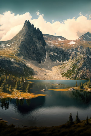 Scenery with mountains, river and sky with clouds created using generative ai technology. Landscape and nature concept digitally generated image.の素材