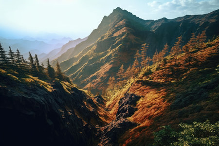 Scenery with mountains, forest and sky with clouds created using generative ai technology. Landscape and nature concept digitally generated image.の素材