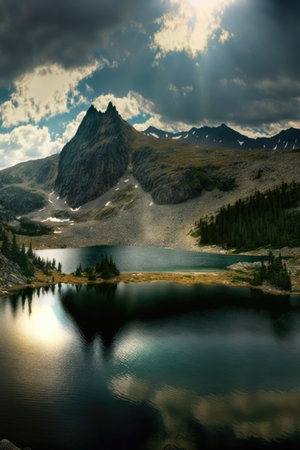 Scenery with mountains, river and sky with clouds created using generative ai technology. Landscape and nature concept digitally generated image.の素材