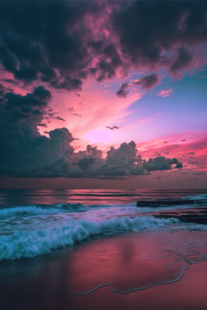 Sunset scenery with ocean, rock and sky with clouds created using generative ai technology. Landscape and nature concept digitally generated image.の素材