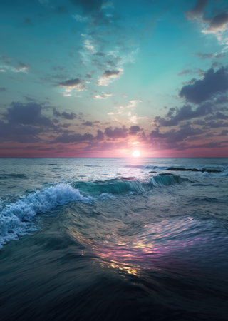 Sunset scenery with ocean, rock and sky with clouds created using generative ai technology. Landscape and nature concept digitally generated image.の素材
