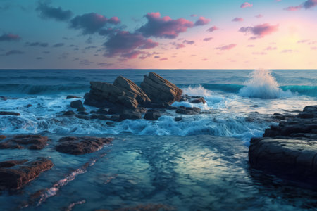 Sunset scenery with ocean, rock and sky with clouds created using generative ai technology. Landscape and nature concept digitally generated image.の素材