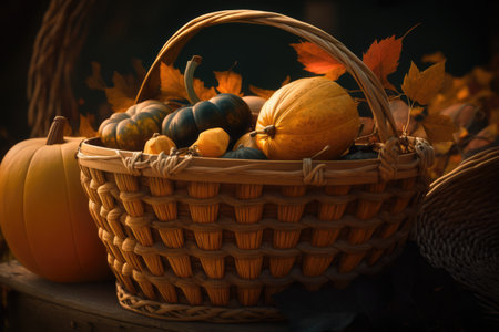 Wooden basket with colorful pumpkins and autumn leaves created using generative ai technology. Autumn, halloween and nature concept digitally generated image.の素材