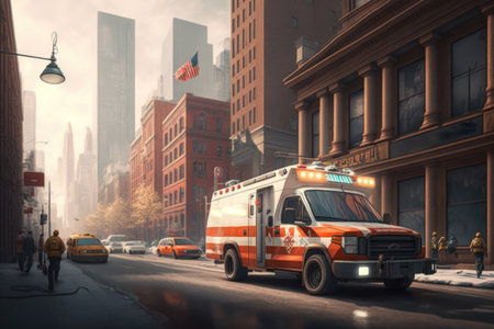 Ambulance driving in city street with clouded sky, created using generative ai technology. Ambulance and emergency medical services concept digitally generated image.の素材