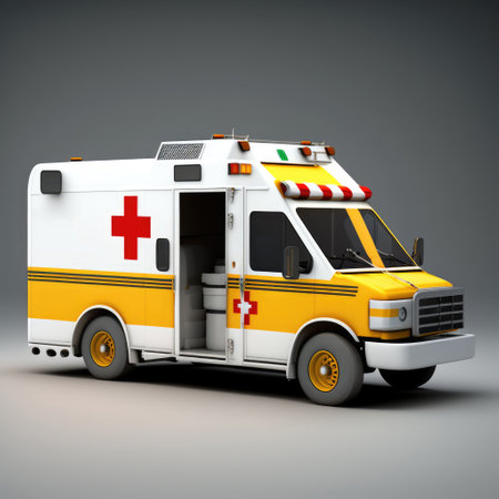Ambulance parked on grey background, created using generative ai technology. Ambulance and emergency medical services concept digitally generated image.の素材
