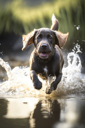 Black labrador dog running in water over grass created using generative ai technology. Animals, pets and nature concept digitally generated image.の素材