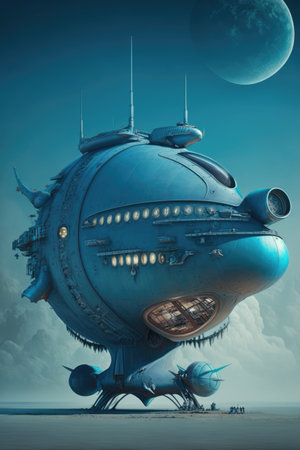 Blue spaceship on blue surface over earth background, created using generative ai technology. Space travel and outer space concept digitally generated image.の素材