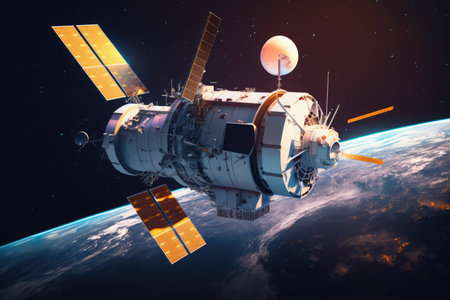Spaceship flying in outer space over earth background, created using generative ai technology. Space travel and outer space concept digitally generated image.の素材