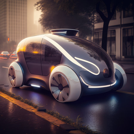 Electric car parked in city street, created using generative ai technology. Electric car and eco transport concept digitally generated image.の素材