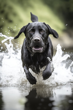 Black labrador dog running in water over grass created using generative ai technology. Animals, pets and nature concept digitally generated image.の素材