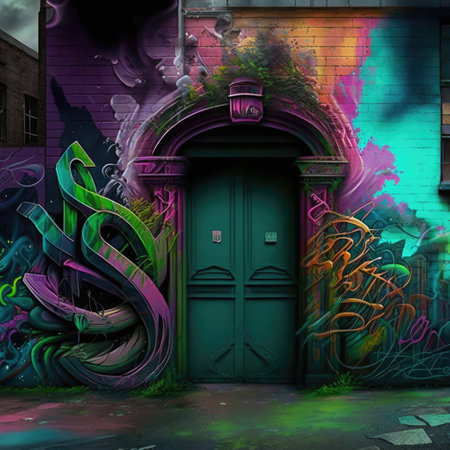 Building with wall and door covered in colorful graffiti created using generative ai technology. Graffiti, urban art and colour concept digitally generated image.の素材