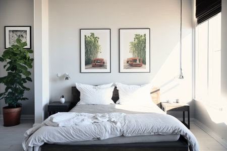 Bedroom interior with bed, paintings and plant created using generative ai technology. Interior and design concept digitally generated image.の素材