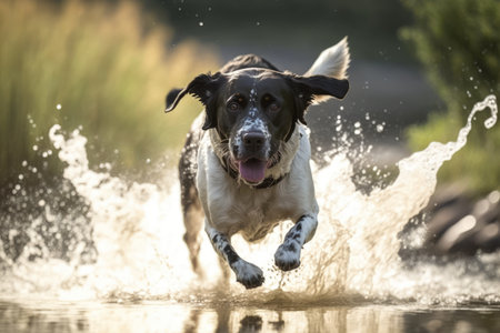 Black dog running in water over grass created using generative ai technology. Animals, pets and nature concept digitally generated image.の素材