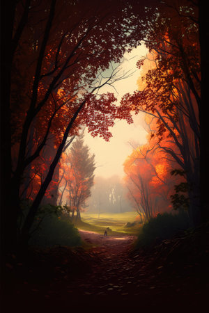 Forest scenery with trees, rocks and pathway created using generative ai technology. Autumn, landscape and nature concept digitally generated image.の素材