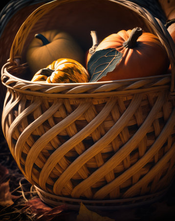 Wooden basket with colorful pumpkins and autumn leaves created using generative ai technology. Autumn, halloween and nature concept digitally generated image.の素材