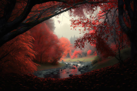 Forest scenery with trees, rocks and stream created using generative ai technology. Autumn, landscape and nature concept digitally generated image.の素材