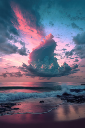 Sunset scenery with ocean, rock and sky with clouds created using generative ai technology. Landscape and nature concept digitally generated image.の素材