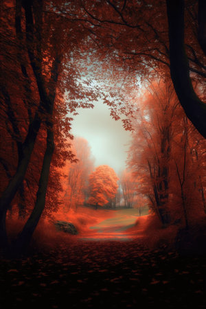 Forest scenery and trees with red leaves created using generative ai technology. Autumn, landscape and nature concept digitally generated image.の素材